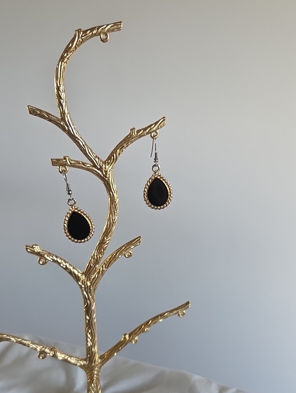 Gold Teardrop Black Stone Dangle Earrings - Women Jewelry